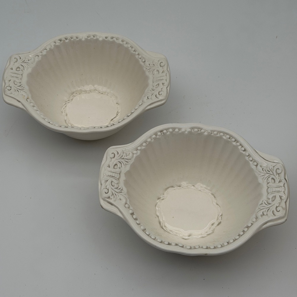 American Atelier Baroque 5286 Ironstone Handled Bowls Set of 2 Cream White